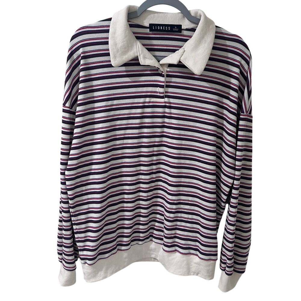 Lioness Striped Polo Sweater Long Sleeve Knit Contrast Collar Model-Off-Duty S - Picture 2 of 8
